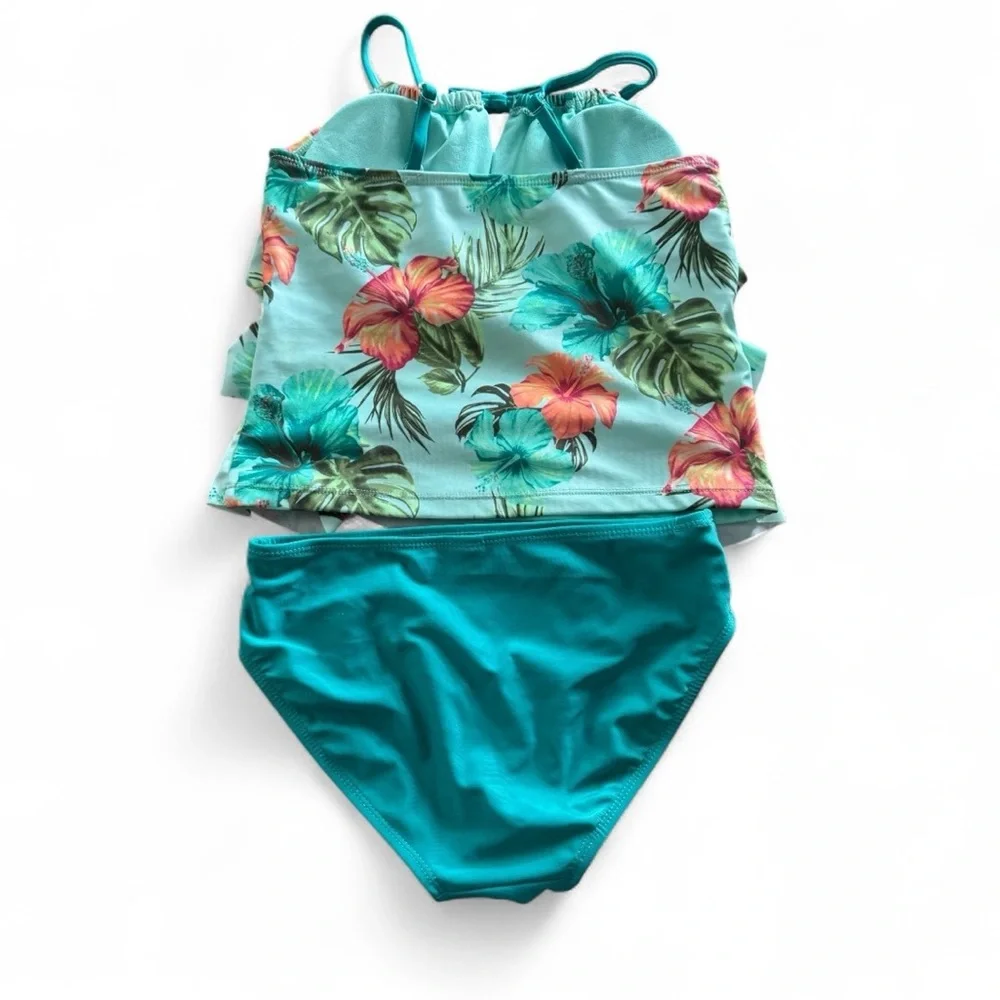 Justice Girls Teal Tropical Ruffle Tankini Swimsuit 2-Piece Small (Tag Removed)
